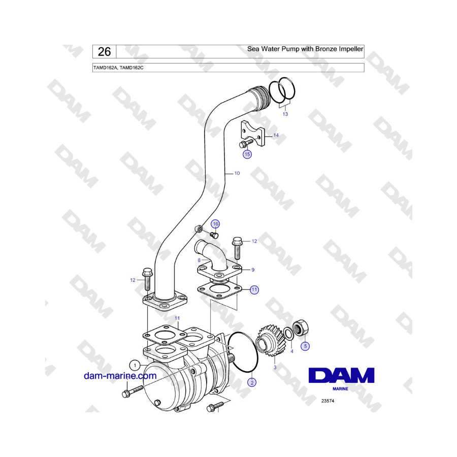 Volvo Penta TAMD162A, TAMD162C - Sea Water Pump with Bronze Impeller