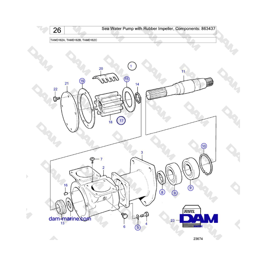 Volvo Penta TAMD162A, TAMD162B, TAMD162C - Sea Water Pump with Rubber Impeller, Components