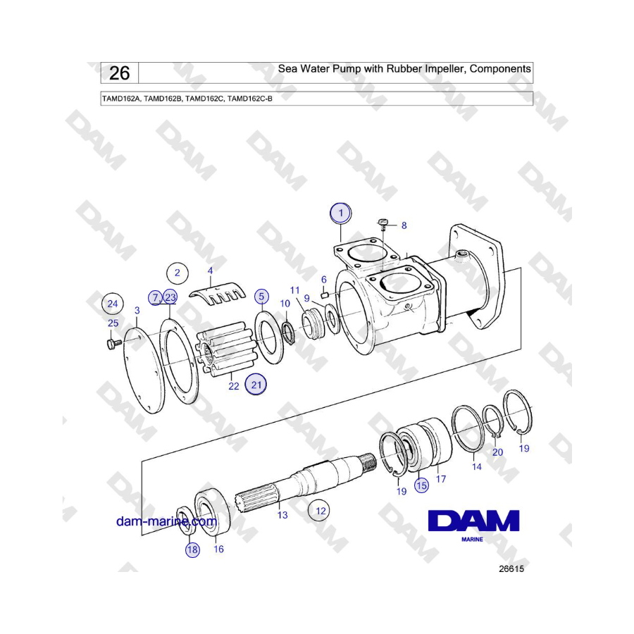 Volvo Penta TAMD162A, TAMD162B, TAMD162C, TAMD162C-B - Sea Water Pump with Rubber Impeller, Components 