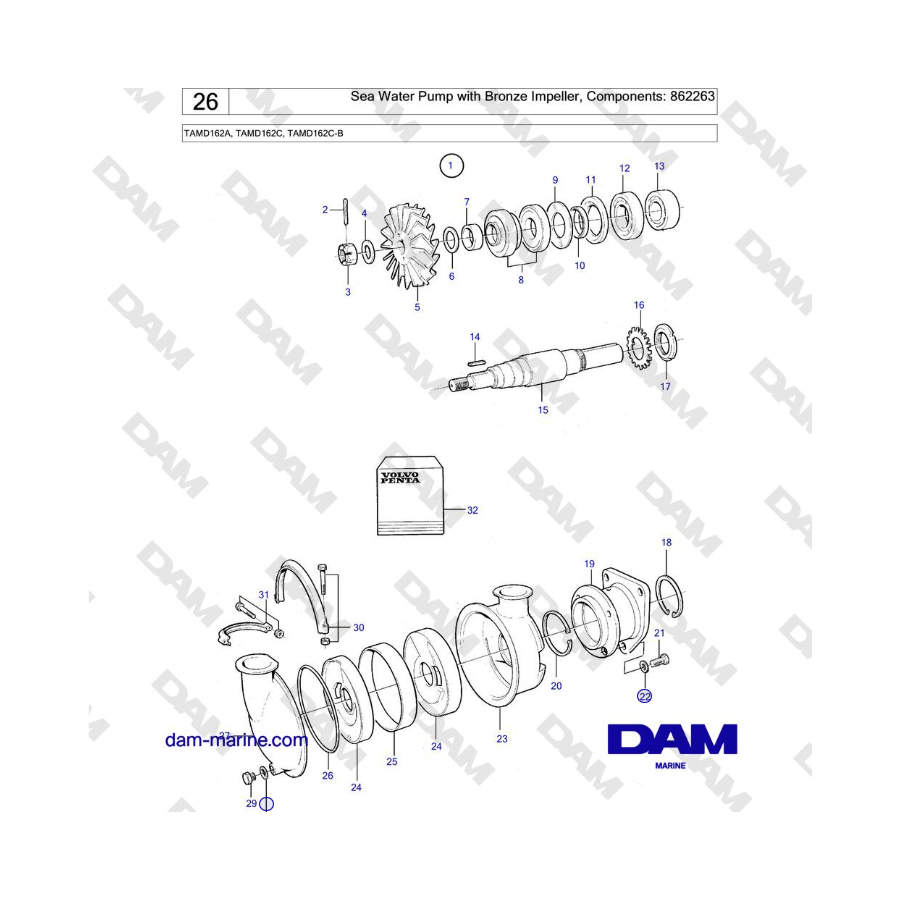 Volvo Penta TAMD162A, TAMD162C, TAMD162C-B - Sea Water Pump with Bronze Impeller, Components: 862263