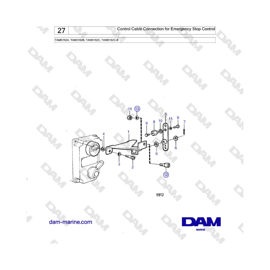 Volvo Penta TAMD162A, TAMD162B, TAMD162C, TAMD162C-B - Control Cable Connection for Emergency Stop Control 