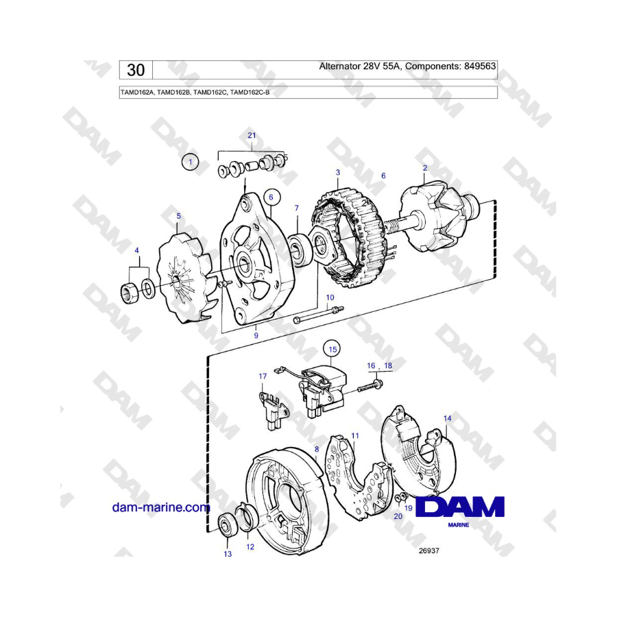 Volvo Penta TAMD162A, TAMD162B, TAMD162C, TAMD162C-B - Alternator 28V 55A, Components: 849563