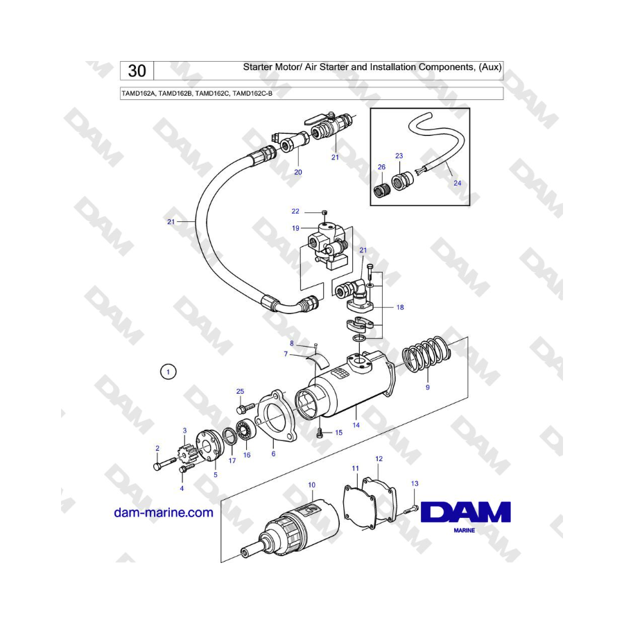 Volvo Penta TAMD162A, TAMD162B, TAMD162C, TAMD162C-B - Starter Motor/ Air Starter and Installation Components, (Aux) 