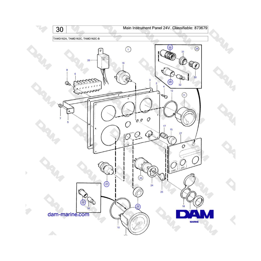 Volvo Penta TAMD162A, TAMD162C, TAMD162C-B - Main Instrument Panel 24V. Classifiable: 873679