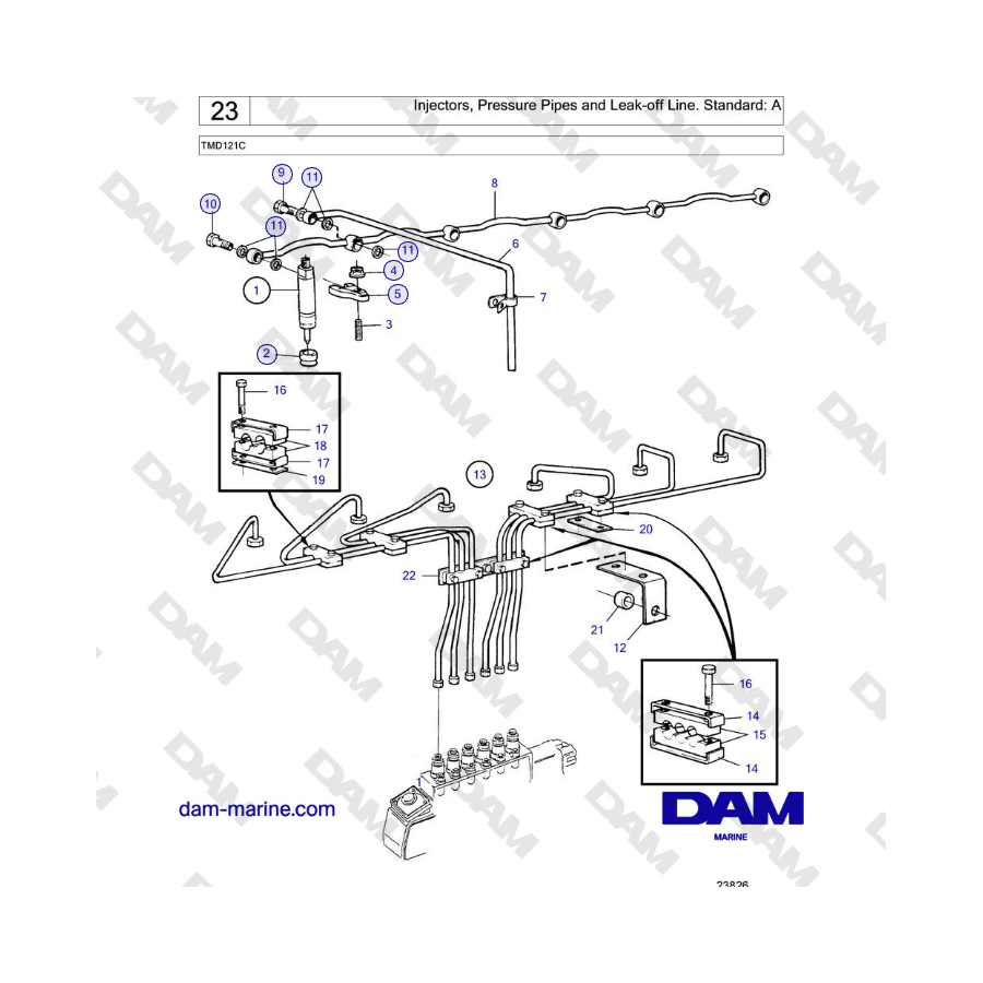 Volvo Penta TMD121C - Injectors, Pressure Pipes and Leak-off Line. Standard: A