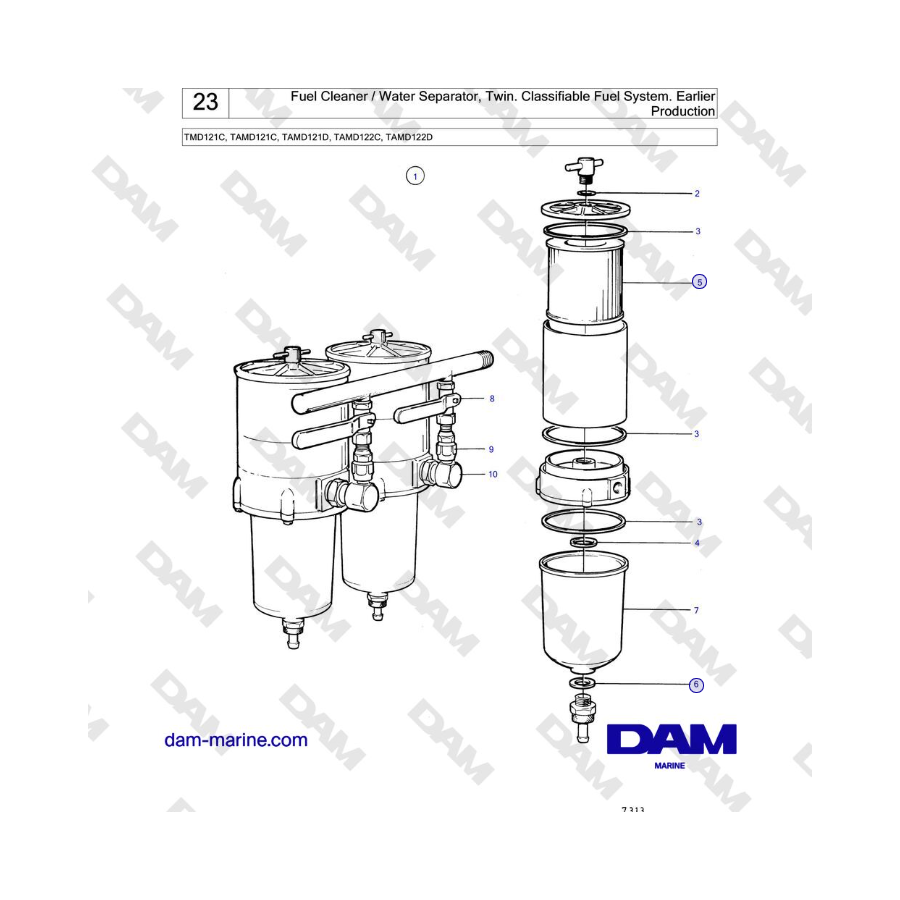 Volvo Penta TMD121C, TAMD121C, TAMD121D, TAMD122C, TAMD122D - Fuel Cleaner / Water Separator, Twin. Classifiable Fuel System