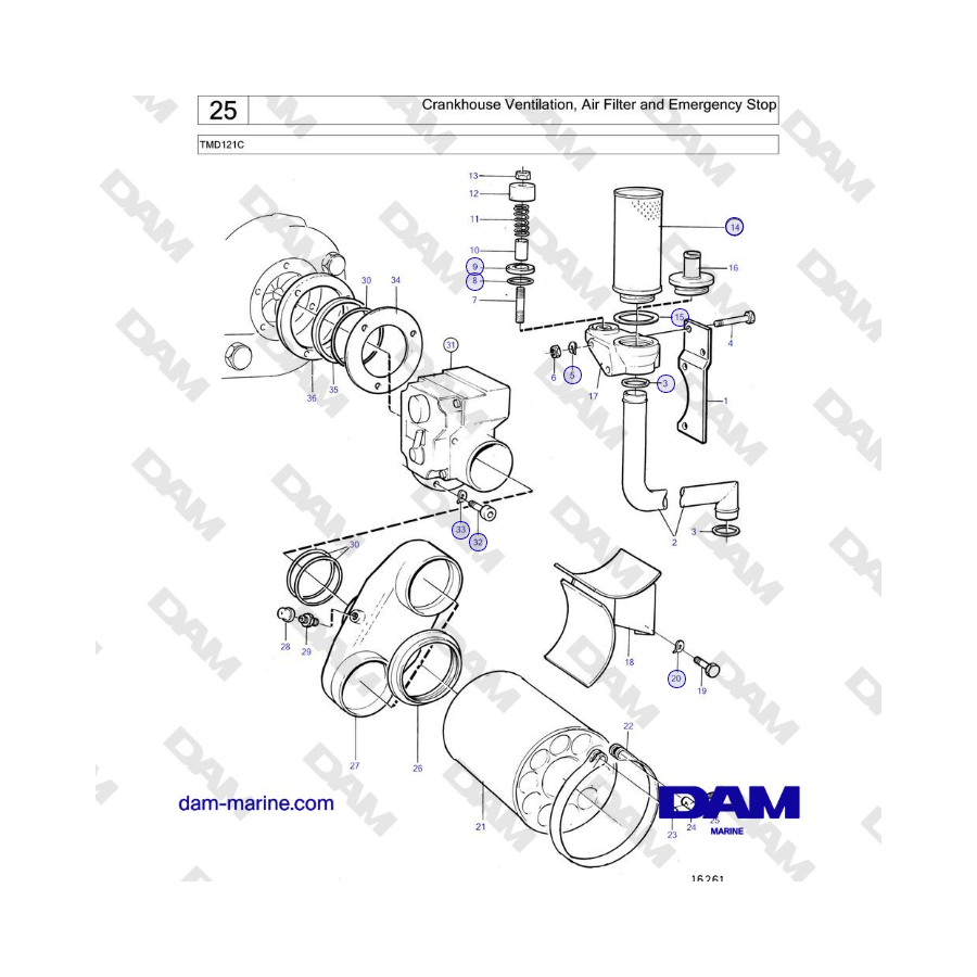 Volvo Penta TMD121C - Crankhouse Ventilation, Air Filter and Emergency Stop 