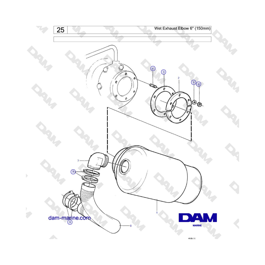 Volvo Penta TMD121C, TAMD121C, TAMD121D, TAMD122C, TAMD122D - Wet Exhaust Elbow 6'' (150mm) 