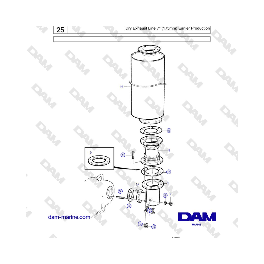 Volvo Penta TMD121C, TAMD121C, TAMD121D, TAMD122C, TAMD122D - Dry Exhaust Line 7'' (175mm) Earlier Production