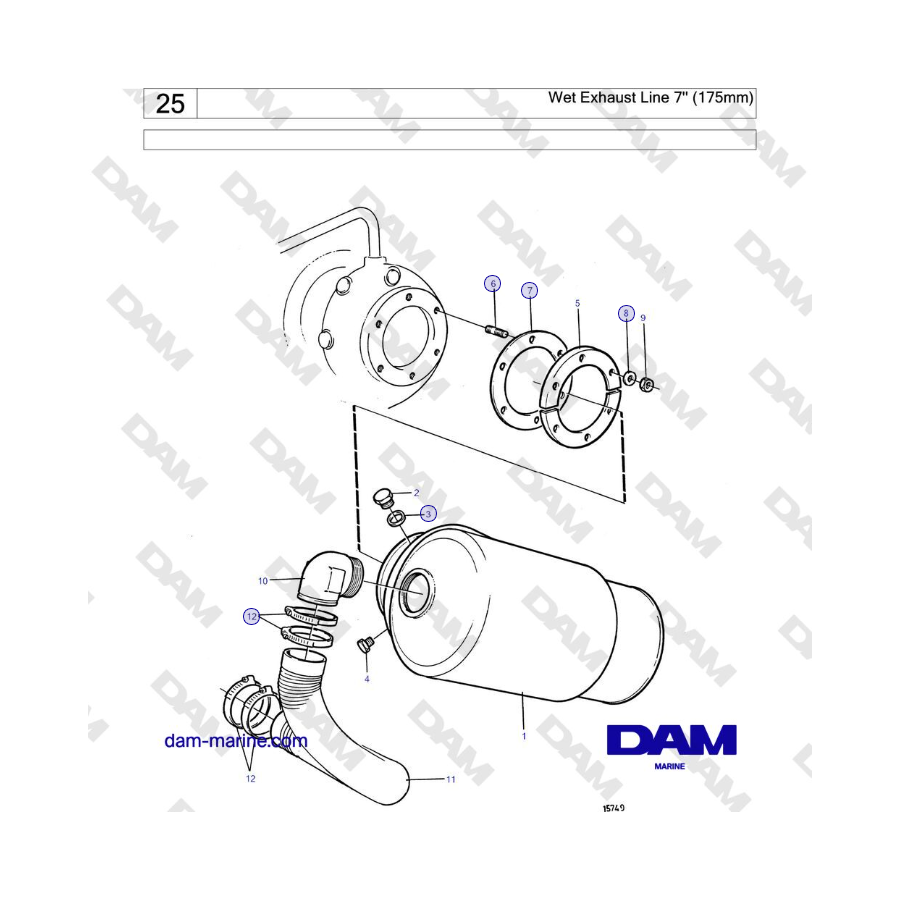 Volvo Penta TMD121C, TAMD121C, TAMD121D, TAMD122C, TAMD122D - Wet Exhaust Line 7'' (175mm)