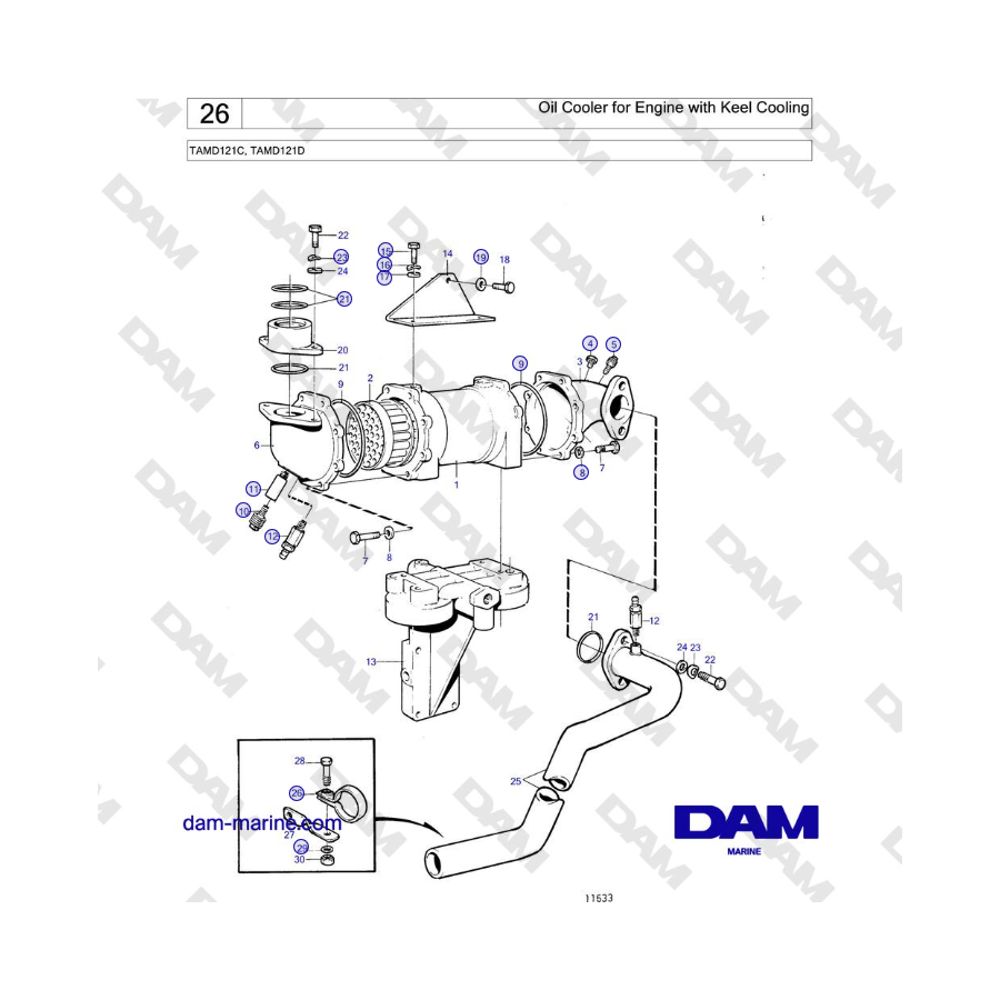 Volvo Penta TAMD121C, TAMD121D - Oil Cooler for Engine with Keel Cooling