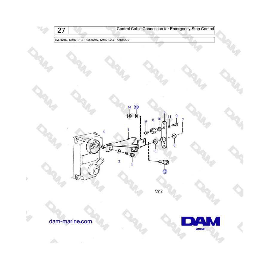 Volvo Penta TMD121C, TAMD121C, TAMD121D, TAMD122C, TAMD122D - Control Cable Connection for Emergency Stop Control