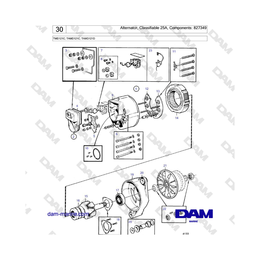 Volvo Penta TMD121C, TAMD121C, TAMD121D - Alternator, Classifiable 25A, Components: 827349