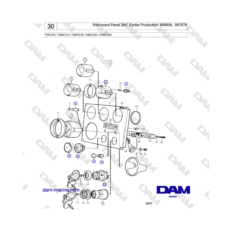 Volvo Penta TMD121C, TAMD121C, TAMD121D, TAMD122C, TAMD122D - Instrument Panel 24V, Earlier Production: 846804, 847978