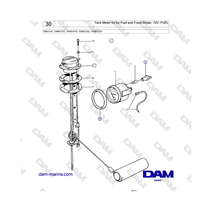 Volvo Penta TMD121C, TAMD121C, TAMD121D, TAMD122C, TAMD122D - Tank Meter Kit for Fuel and Fresh Water, 12V: FUEL 