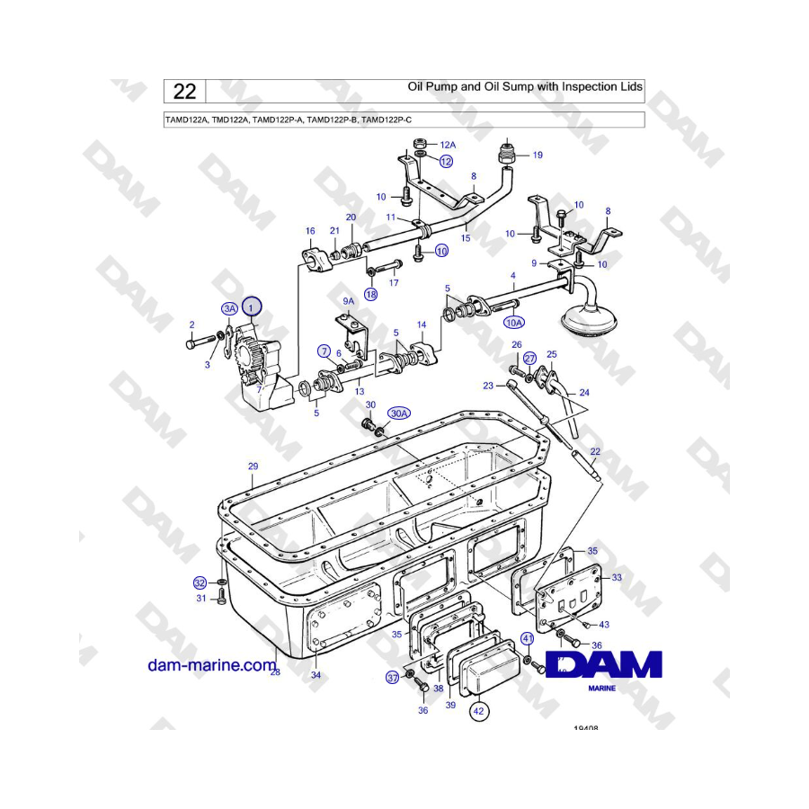 Volvo Penta TAMD122A, TMD122A, TAMD122P-A, TAMD122P-B, TAMD122P-C - Oil Pump and Oil Sump with Inspection Lids