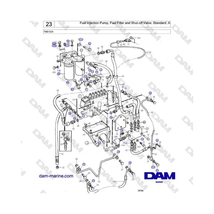 Volvo Penta TMD122A - Fuel Injection Pump, Fuel Filter and Shut-off Valve. Standard: A