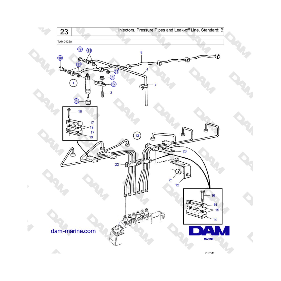 Volvo Penta TAMD122A - Injectors, Pressure Pipes and Leak-off Line. Standard: B