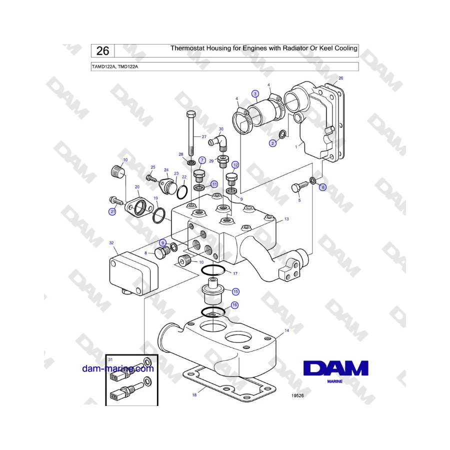 Volvo Penta TAMD122A, TMD122A - Thermostat Housing for Engines with Radiator Or Keel Cooling