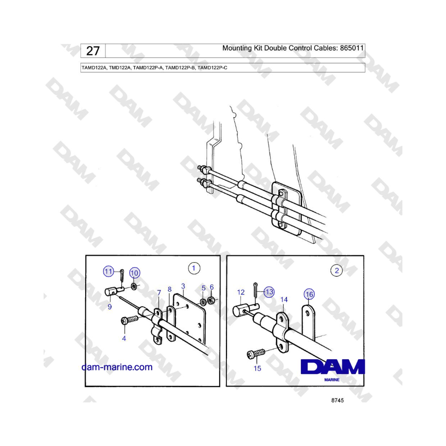 Volvo Penta TAMD122A, TMD122A, TAMD122P-A, TAMD122P-B, TAMD122P-C - Mounting Kit Double Control Cables: 865011