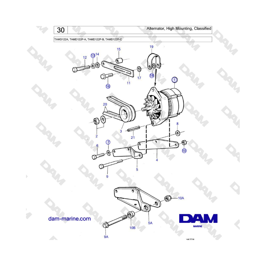 Volvo Penta TAMD122A, TAMD122P-A, TAMD122P-B, TAMD122P-C - Alternator, High Mounting, Classified