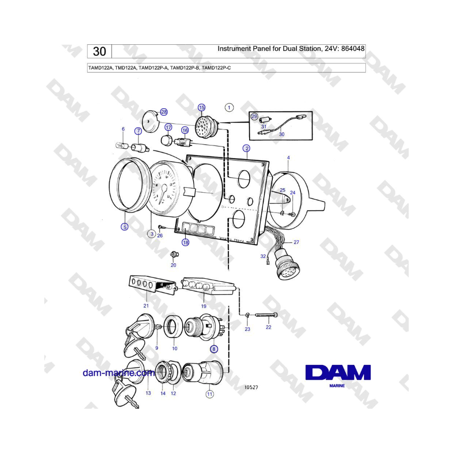 Volvo Penta TAMD122A, TMD122A, TAMD122P-A, TAMD122P-B, TAMD122P-C - Instrument Panel for Dual Station, 24V: 864048