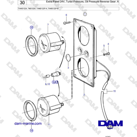 Volvo Penta TAMD122A, TMD122A, TAMD122P-A, TAMD122P-B - Extra Panel 24V, Turbo Pressure, Oil Pressure Reverse Gear: A