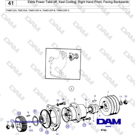 Volvo Penta TAMD122A, TMD122A, TAMD122P-A, TAMD122P-B, TAMD122P-C - Extra Power Take off, Keel Cooling. Right Hand Front