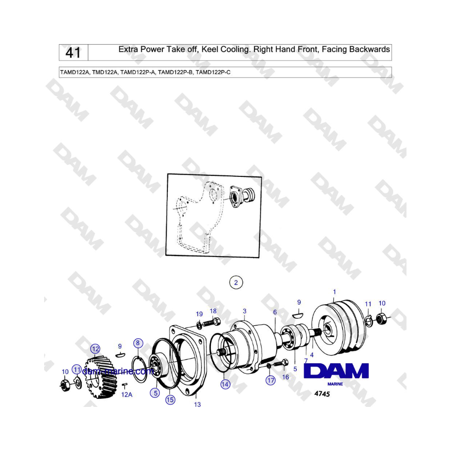 Volvo Penta TAMD122A, TMD122A, TAMD122P-A, TAMD122P-B, TAMD122P-C - Extra Power Take off, Keel Cooling. Right Hand Front