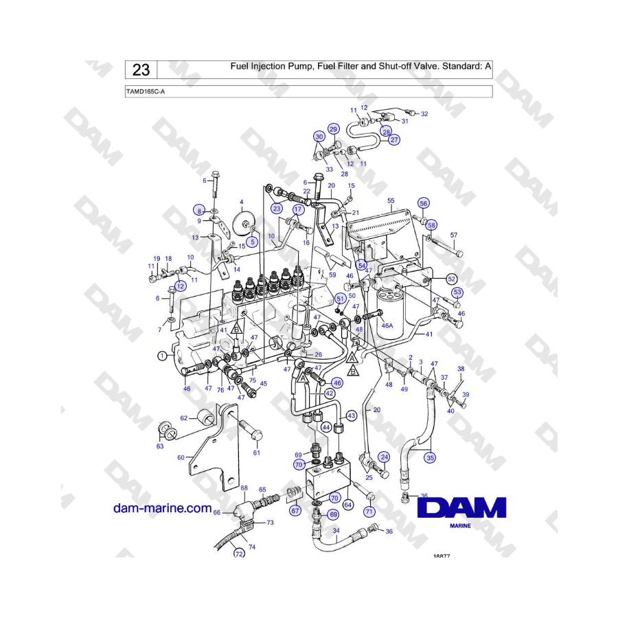 Volvo Penta TAMD165C-A - Fuel Injection Pump, Fuel Filter and Shut-off Valve. Standard: A