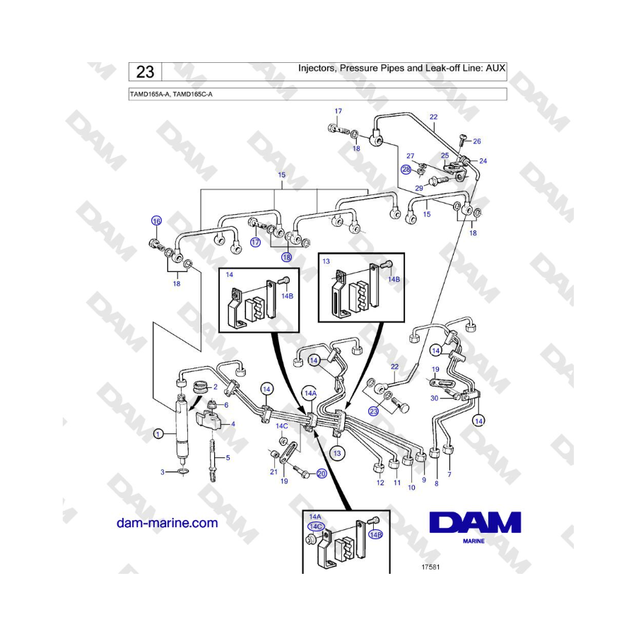 Volvo Penta TAMD165A-A, TAMD165C-A - Injectors, Pressure Pipes and Leak-off Line: AUX