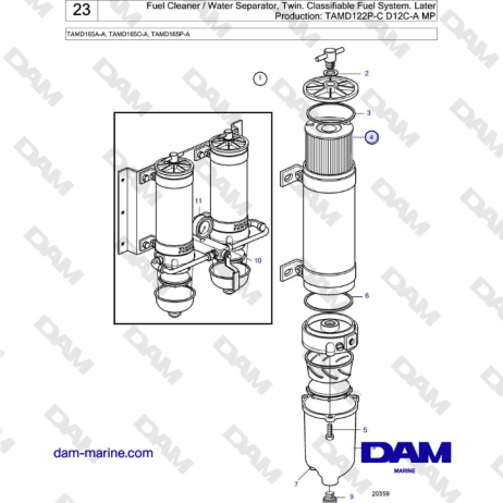 Volvo Penta TAMD165A-A, TAMD165C-A, TAMD165P-A - Fuel Cleaner / Water Separator, Twin. Classifiable Fuel System