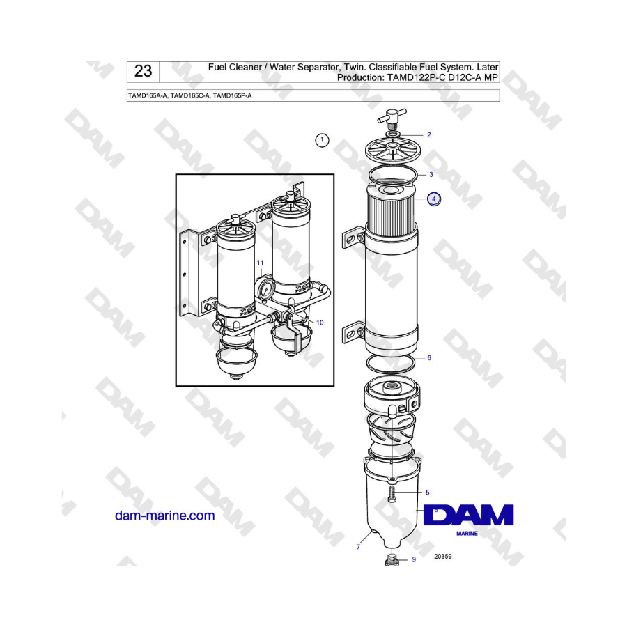 Volvo Penta TAMD165A-A, TAMD165C-A, TAMD165P-A - Fuel Cleaner / Water Separator, Twin. Classifiable Fuel System