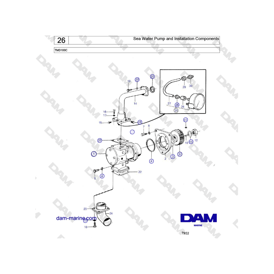 Volvo Penta TMD100C - Sea Water Pump and Installation Components