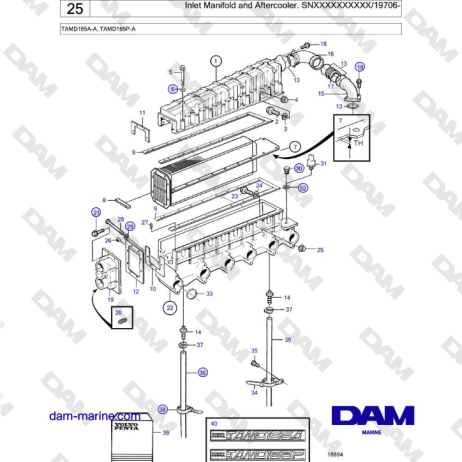 Volvo Penta TAMD165A-A, TAMD165P-A - Inlet Manifold and Aftercooler. SNXXXXXXXXXX/19706-