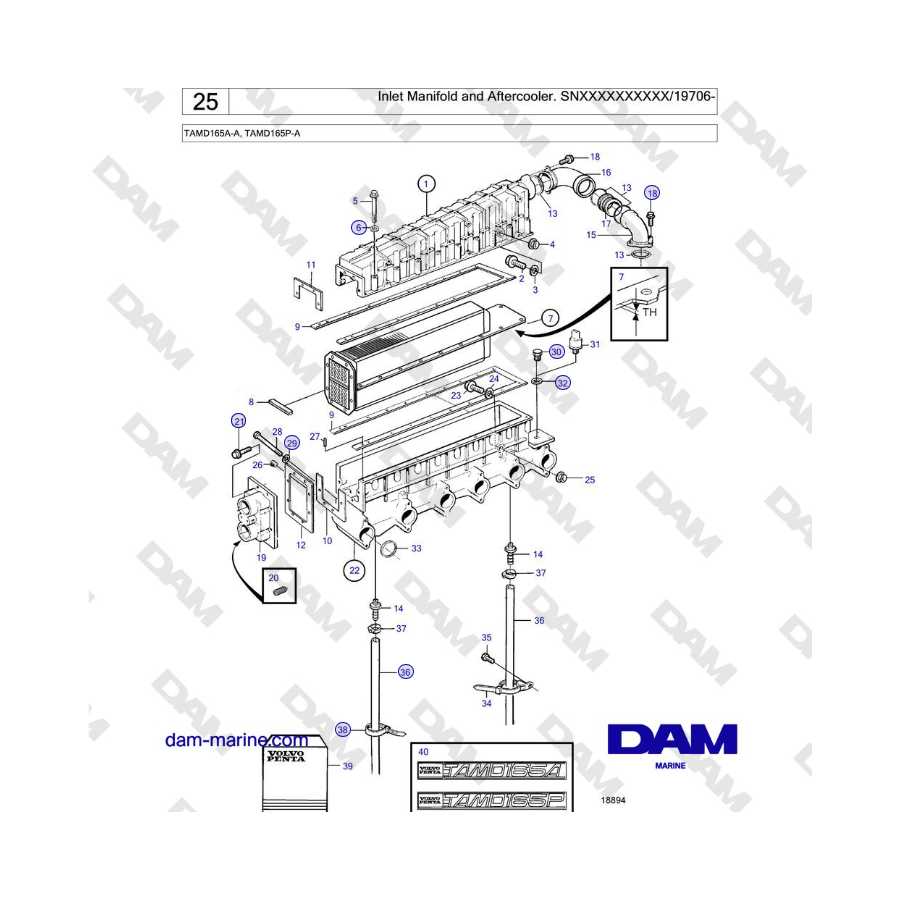 Volvo Penta TAMD165A-A, TAMD165P-A - Inlet Manifold and Aftercooler. SNXXXXXXXXXX/19706-