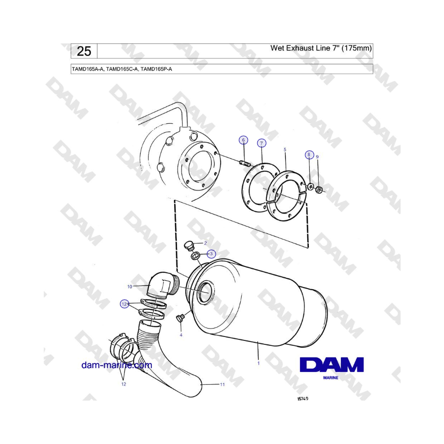 Volvo Penta TAMD165A-A, TAMD165C-A, TAMD165P-A - Wet Exhaust Line 7'' (175mm)