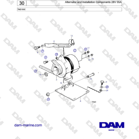 Volvo Penta TMD100C - Alternator and Installation Components 28V 55A