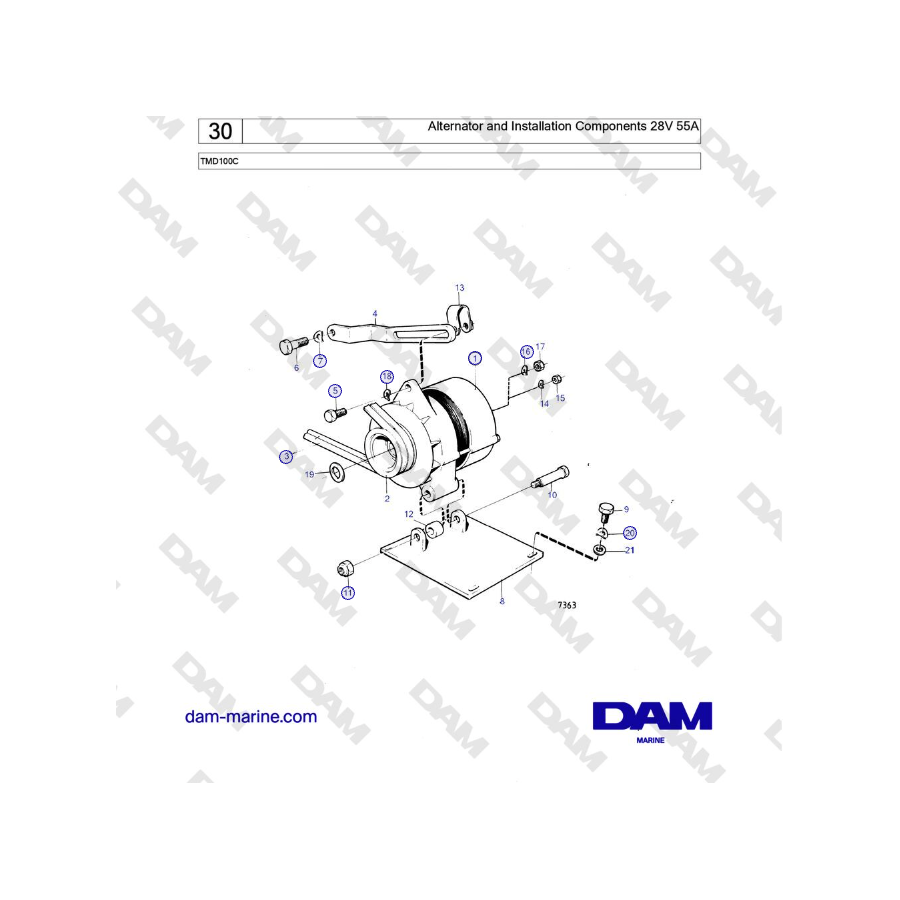 Volvo Penta TMD100C - Alternator and Installation Components 28V 55A