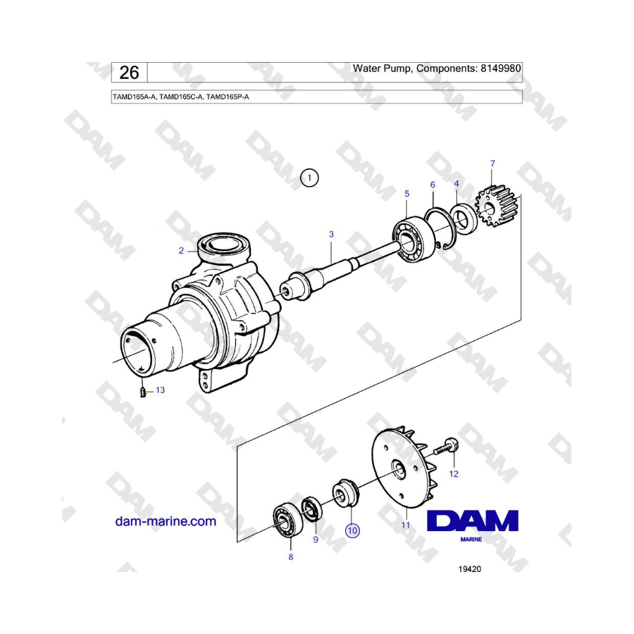 Volvo Penta TAMD165A-A, TAMD165C-A, TAMD165P-A - Water Pump, Components: 8149980