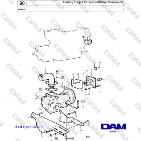 Volvo Penta TMD100C - Flushing Pump 1 1/4'' and Installation Components