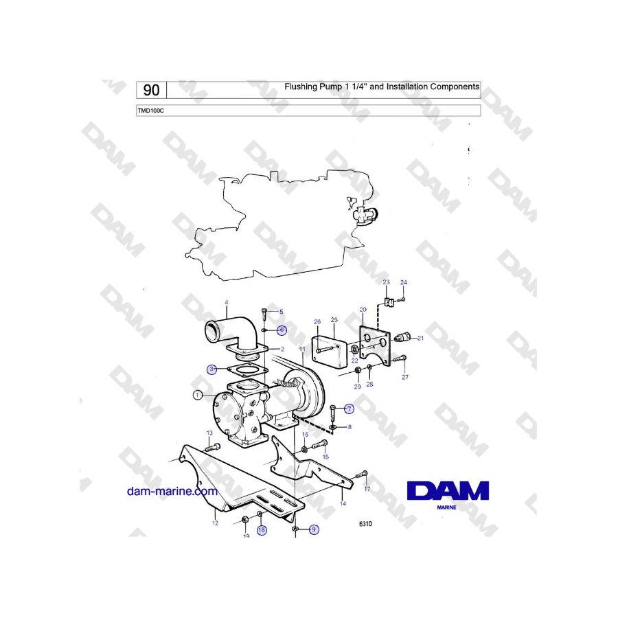 Volvo Penta TMD100C - Flushing Pump 1 1/4'' and Installation Components