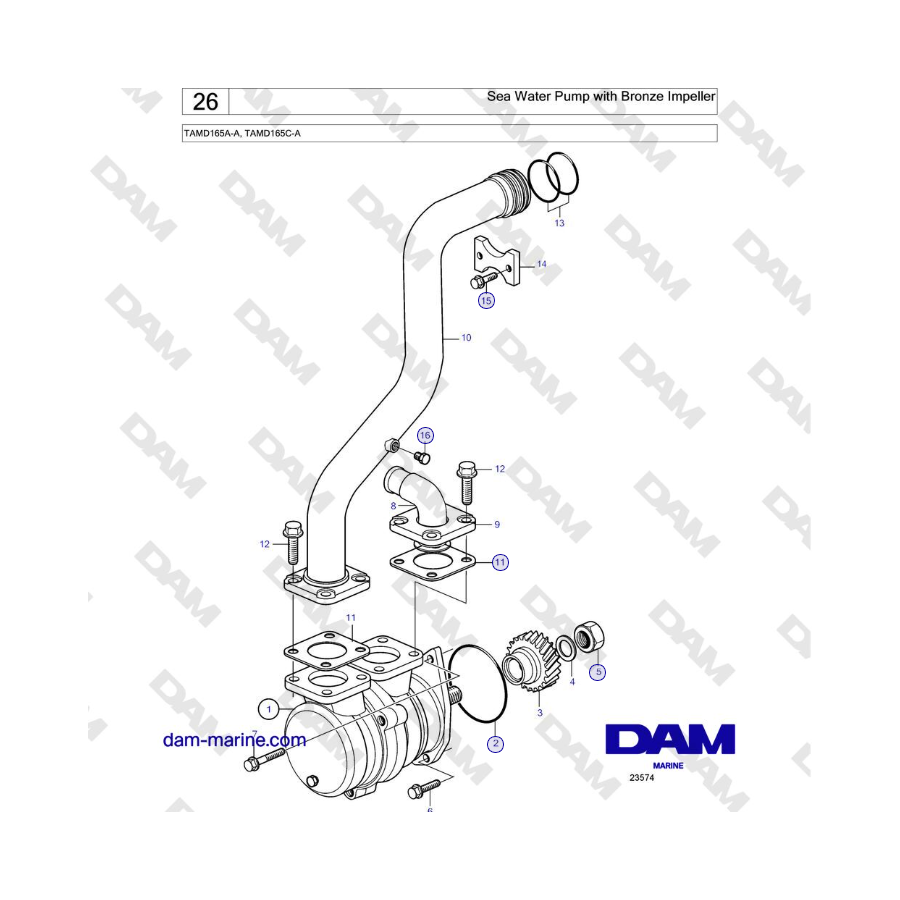 Volvo Penta TAMD165A-A, TAMD165C-A - Sea Water Pump with Bronze Impeller