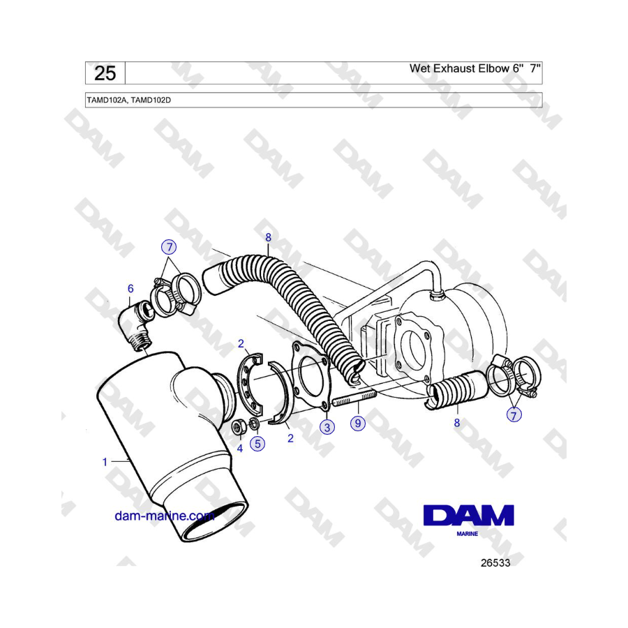 Volvo Penta TAMD102A, TAMD102D - Wet Exhaust Elbow 6'' 7'' 