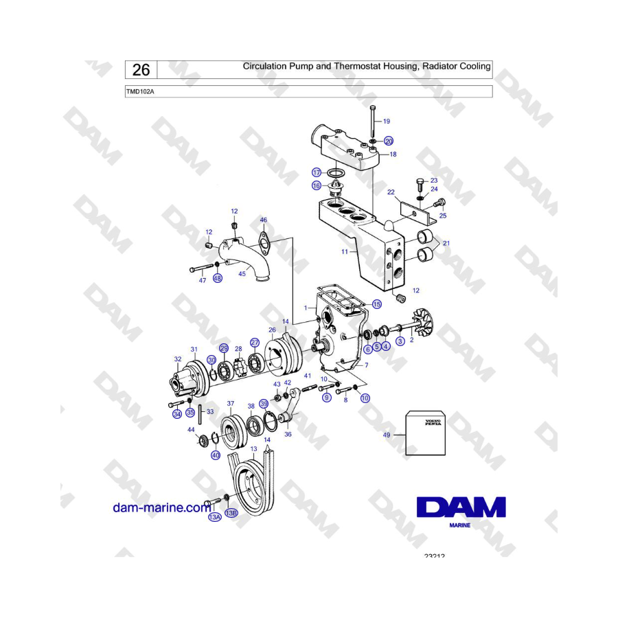 Volvo Penta TMD102A - Circulation Pump and Thermostat Housing, Radiator Cooling 