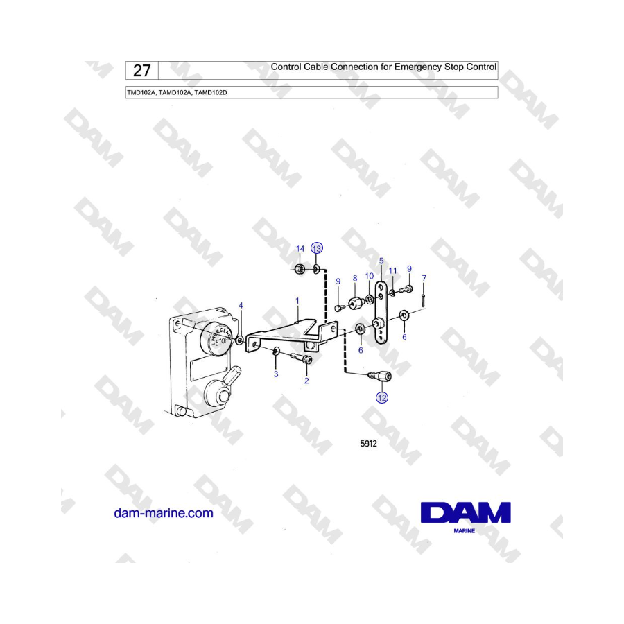 Volvo Penta TMD102A, TAMD102A, TAMD102D - Control Cable Connection for Emergency Stop Control 