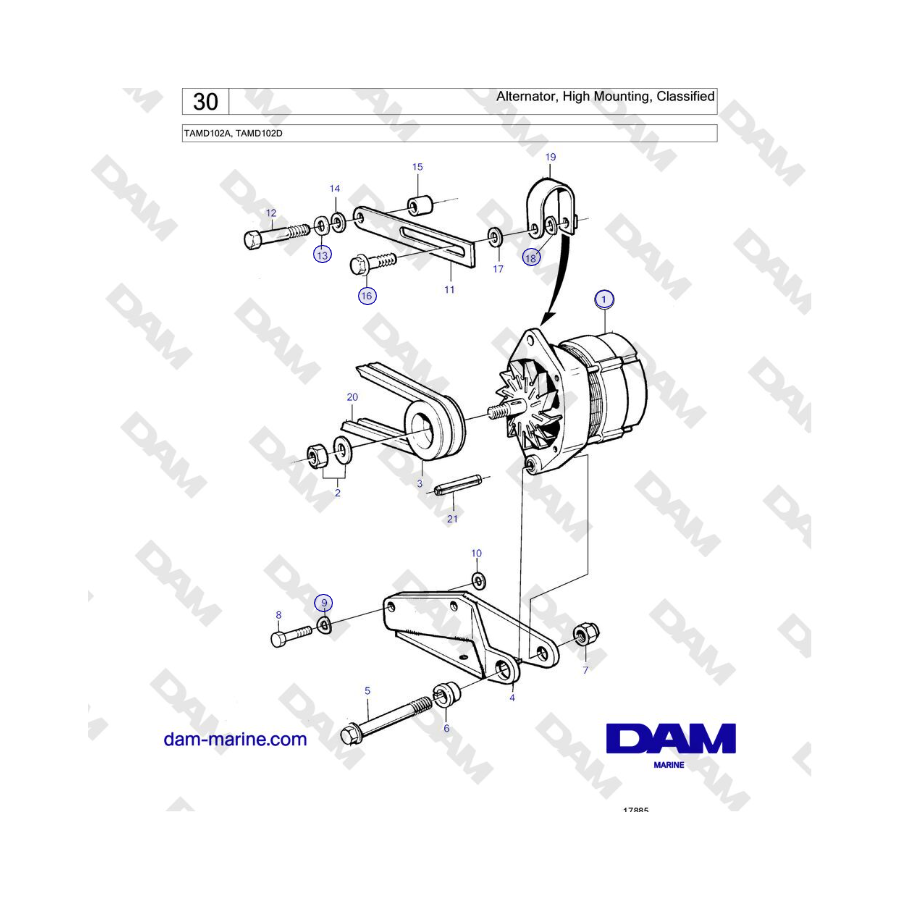 Volvo Penta TAMD102A, TAMD102D - Alternator, High Mounting, Classified