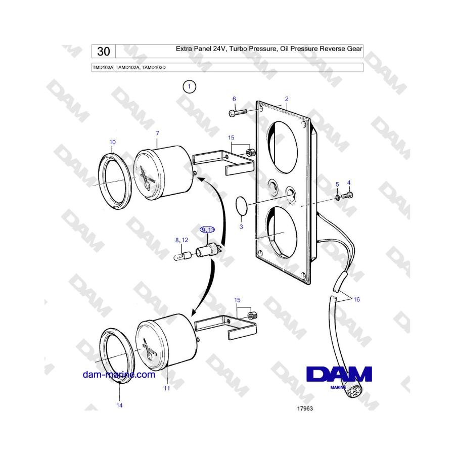 Volvo Penta TMD102A, TAMD102A, TAMD102D - Extra Panel 24V, Turbo Pressure, Oil Pressure Reverse Gear 