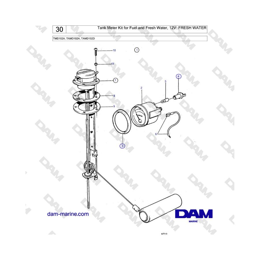 Volvo Penta TMD102A, TAMD102A, TAMD102D - Tank Meter Kit for Fuel and Fresh Water, 12V: FRESH WATER