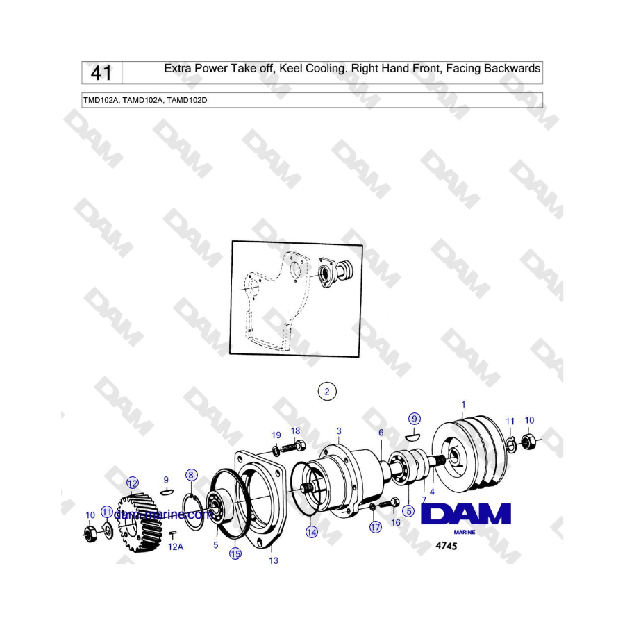 Volvo Penta TMD102A, TAMD102A, TAMD102D - Extra Power Take off, Keel Cooling. Right Hand Front, Facing Backwards 